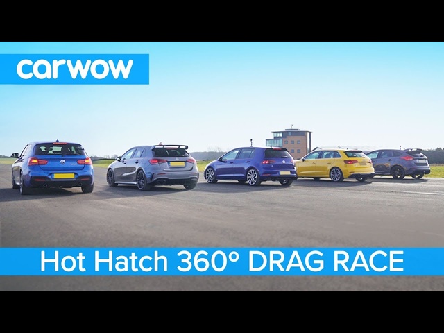 AMG A35 v BMW M140i v Golf R v Audi S3 v Focus RS - 360° DRAG RACE, ROLLING RACE & BRAKE TEST