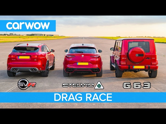 AMG G63 v F-Pace SVR v Stelvio QV – DRAG RACE, ROLLING RACE & BRAKE TEST