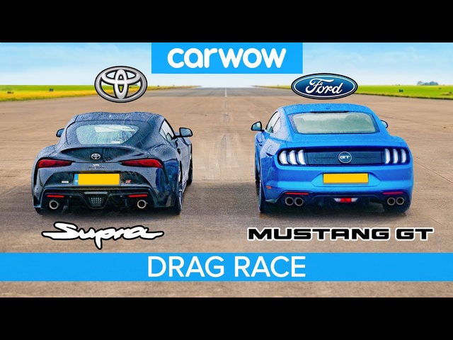 Toyota Supra v Ford Mustang V8 – DRAG RACE, ROLLING RACE & BRAKE TEST