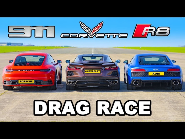 Audi R8 v Chevy <em>Corvette</em> v Porsche 911: DRAG RACE