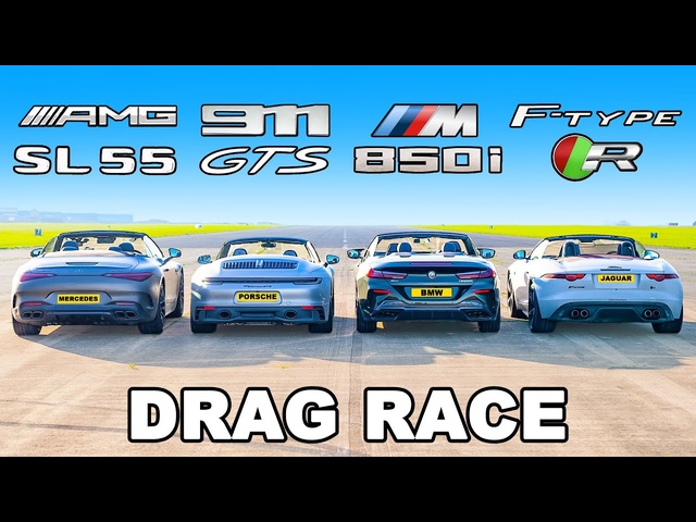 New AMG SL 55 v Porsche 911 GTS v BMW M850i v Jag F-Type R: DRAG RACE