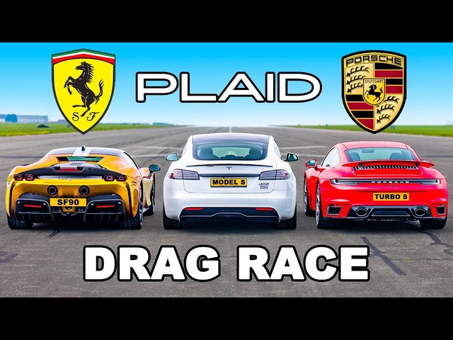 Tesla Model S PLAID v <em>Ferrari</em> SF90 v Porsche 911 Turbo S: DRAG RACE